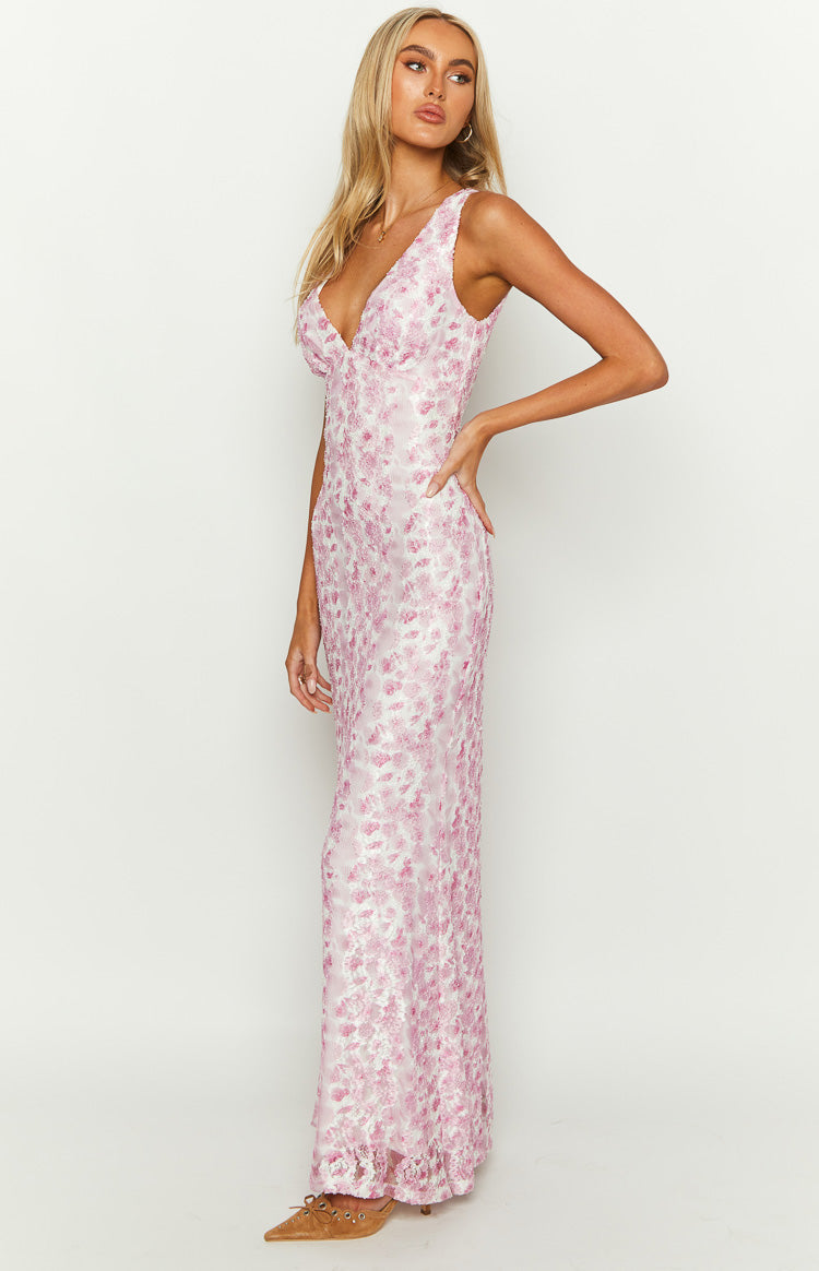 Farida - Robe longue en dentelle rose